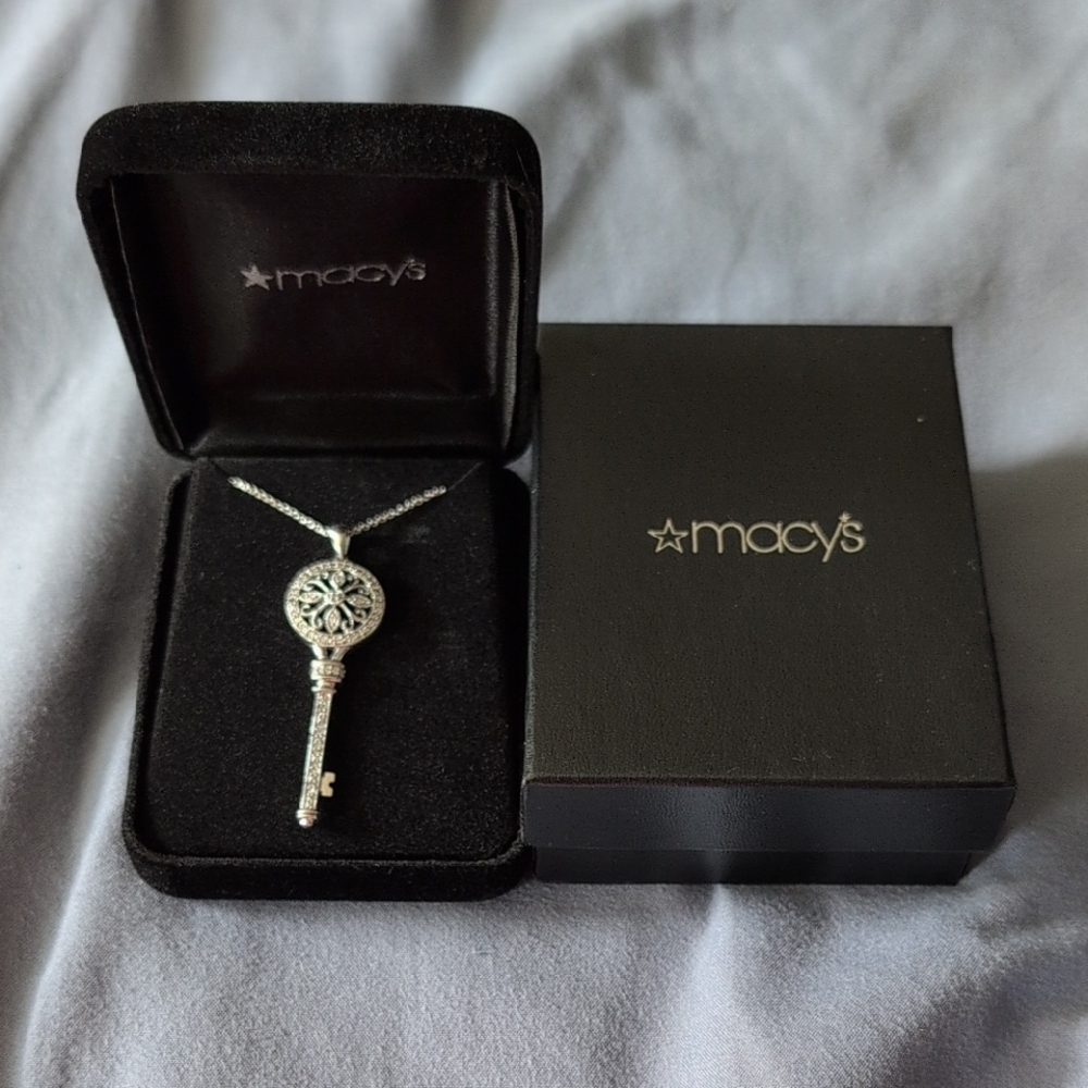 Macy's Sterling Silver And Diamonds Key Necklace with Intricate Design